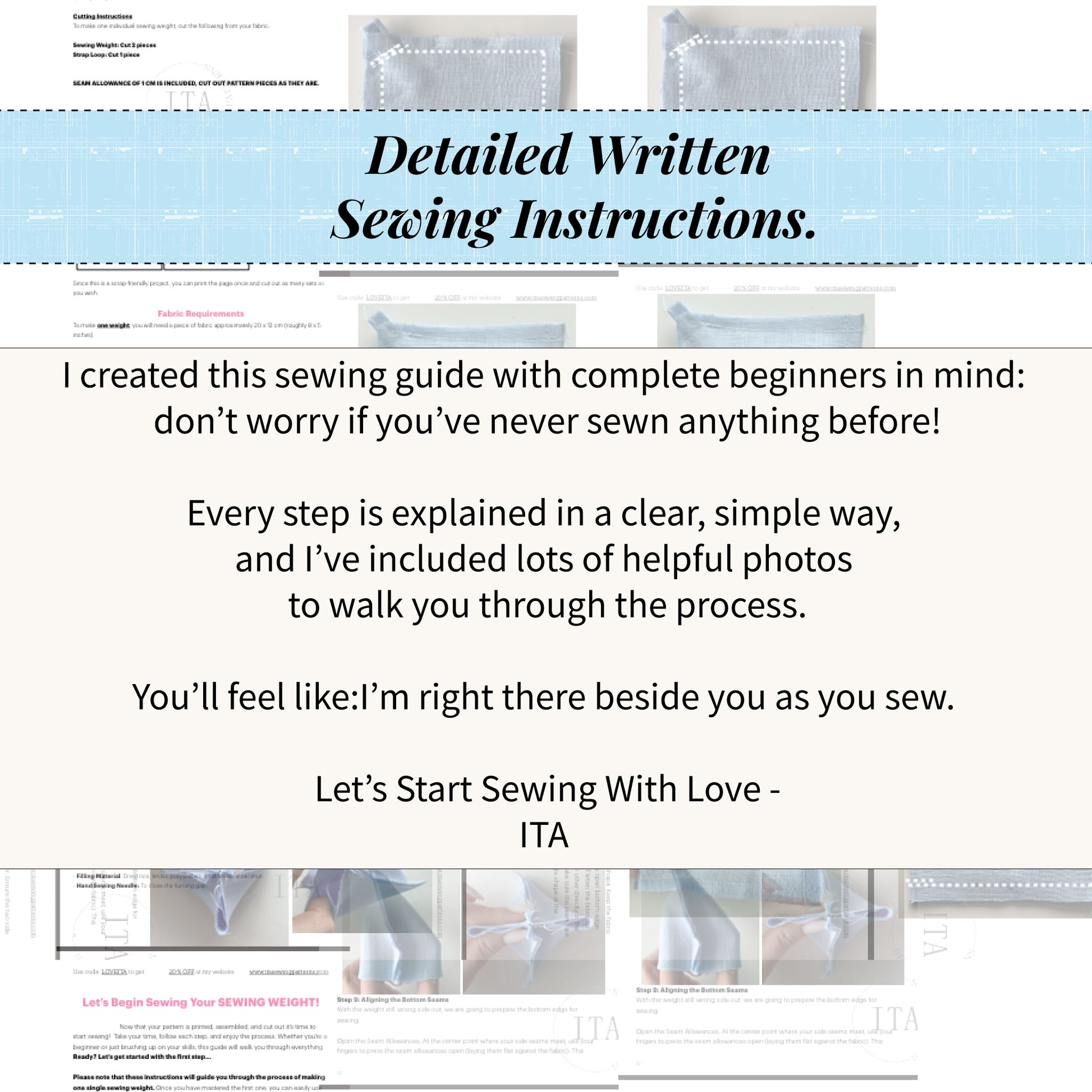 Text-based sewing guide with introductory message saying the written handbook is very beginner friendly and easy to follow.