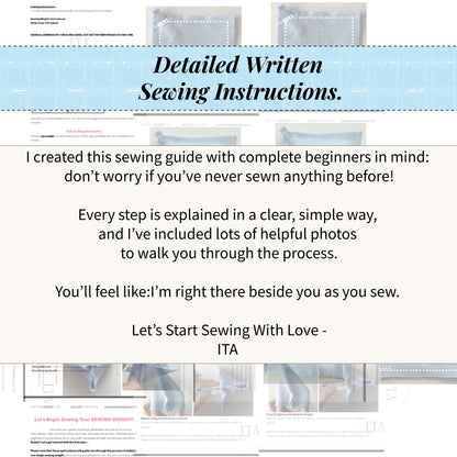 Text-based sewing guide with introductory message saying the written handbook is very beginner friendly and easy to follow.