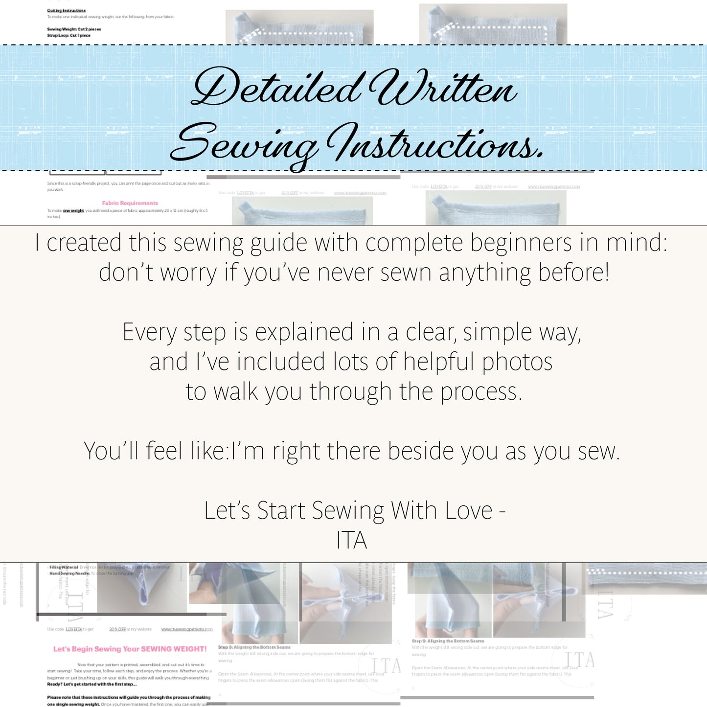 Promotional graphic for a sewing instruction guide, featuring a light blue banner with the text 'Detailed Written Sewing Instructions.' and a cream background with descriptive copy about beginner-friendly step-by-step instructions and helpful photos.