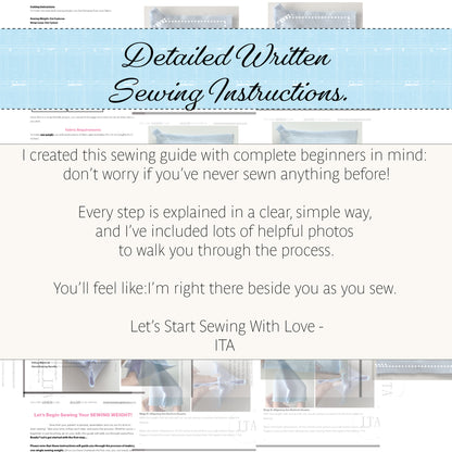 Promotional graphic for a sewing instruction guide, featuring a light blue banner with the text 'Detailed Written Sewing Instructions.' and a cream background with descriptive copy about beginner-friendly step-by-step instructions and helpful photos.