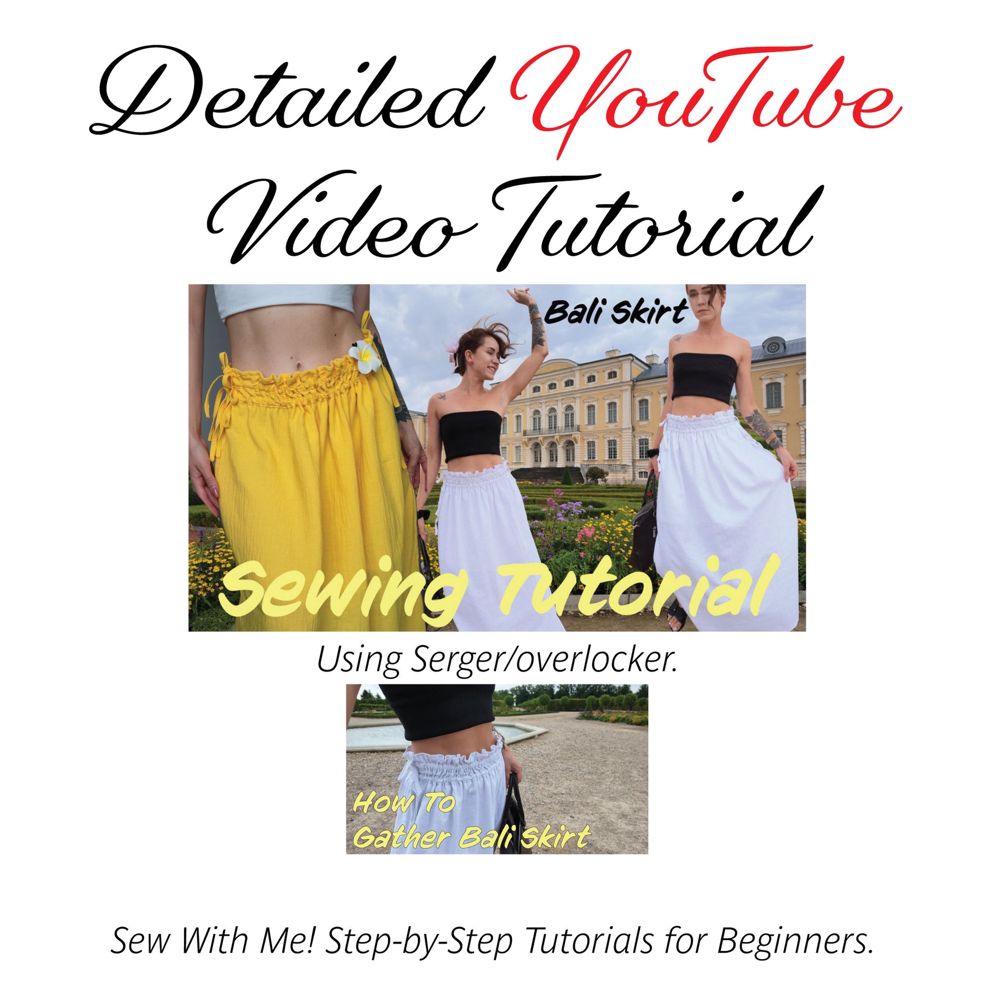 Promotional graphic for a YouTube video sewing tutorial about making a Bali skirt, with large text reading 'Detailed YouTube Video Tutorial' and 'Sewing Tutorial,' plus three inset photos showing a person wearing and measuring the skirt.