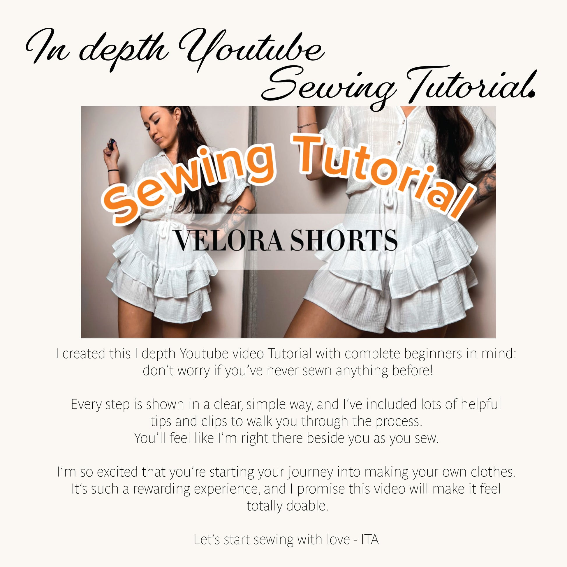 A promotional graphic for a 'Depth Youtube Sewing Tutorial' focused on making 'Velora Shorts'. The design features a central photo of a woman wearing the finished ruffled shorts, with large orange and white text overlays.